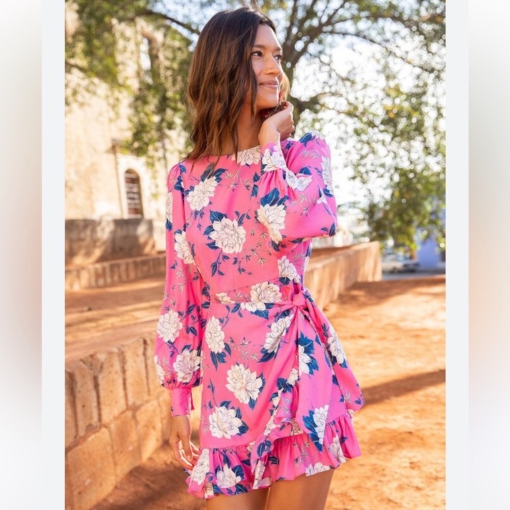 Yumi Kim Velvet Morning Hot Pink Daphne Floral long sleeve mini dress